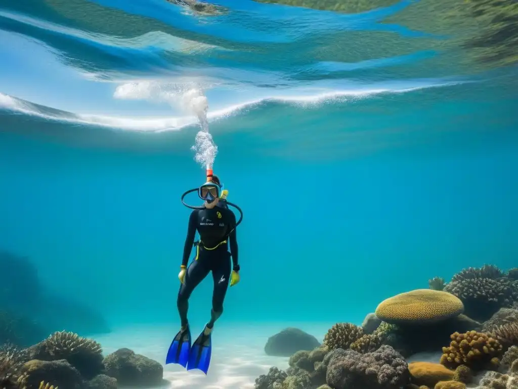 Un set de snorkel minimalista y ecológico: máscara transparente, tubo respirador y aletas ajustables de material reciclado sobre fondo blanco