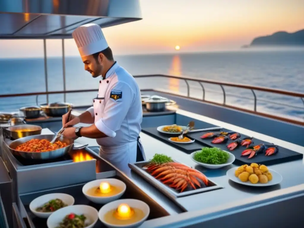 Shows de cocina a bordo: Cocineros preparando delicias marinas en un moderno crucero al atardecer sobre el mar