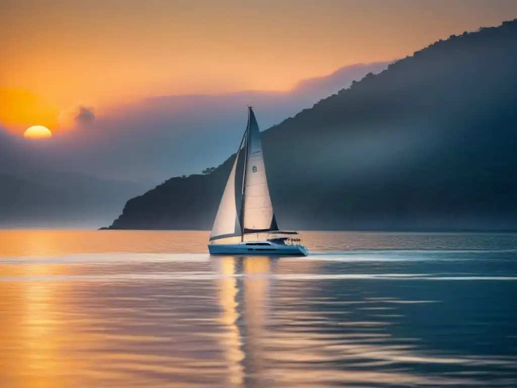 Silenciosa vela blanca navegando al atardecer en mar tranquilo