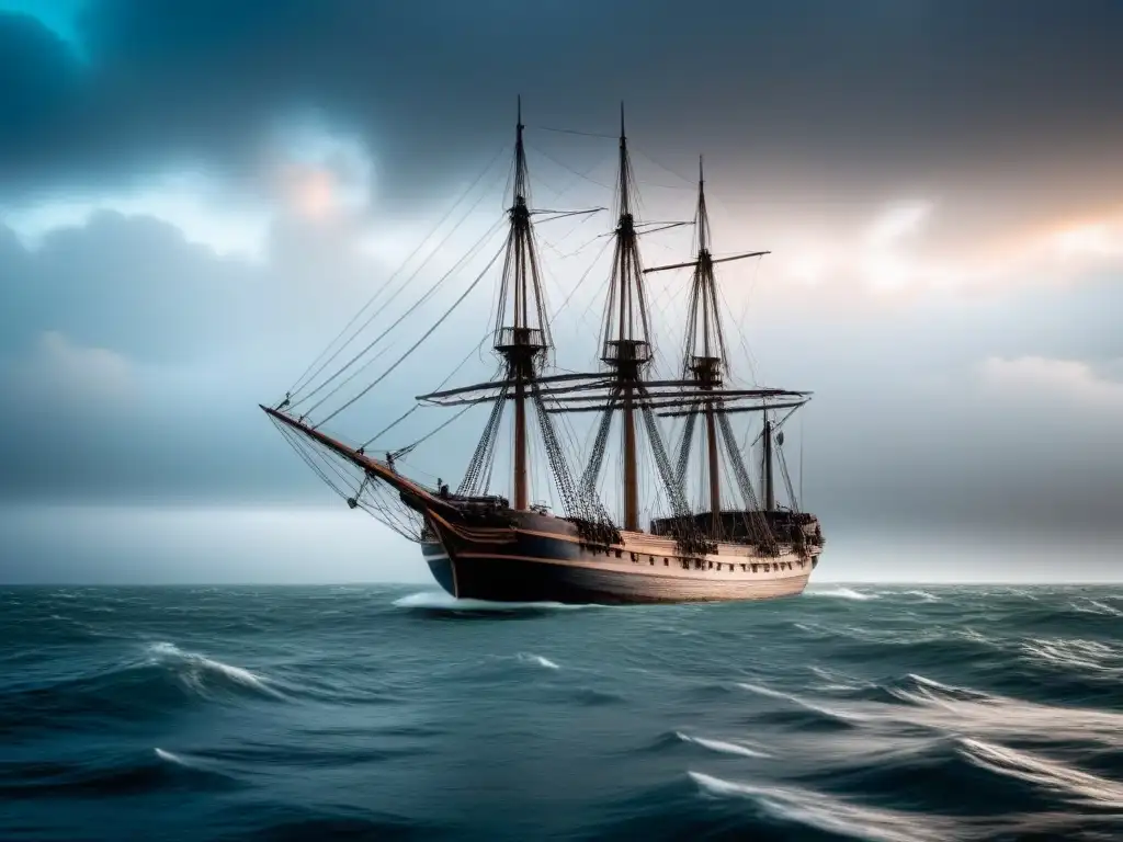 Silencioso misterio: El barco Mary Celeste flota abandonado en aguas calmas al anochecer, su exterior desgastado y velas raídas ondeando en el viento