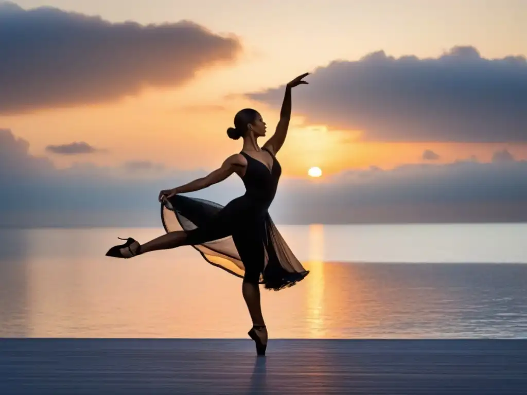 Silueta de bailarina danzando en un crucero al atardecer sobre el mar, elegante y sereno