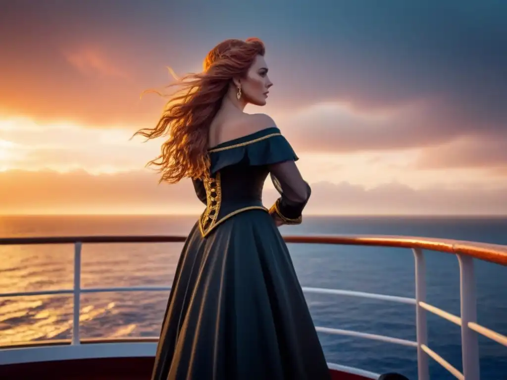 Silueta de Grace O'Malley en un barco al atardecer, reflejando fuerza y determinación