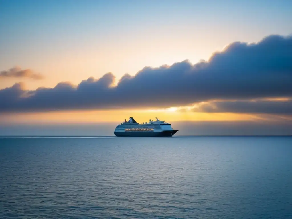 Silueta de crucero al atardecer sobre agua tranquila, reflejando el cielo, para Templos de bienestar en cruceros