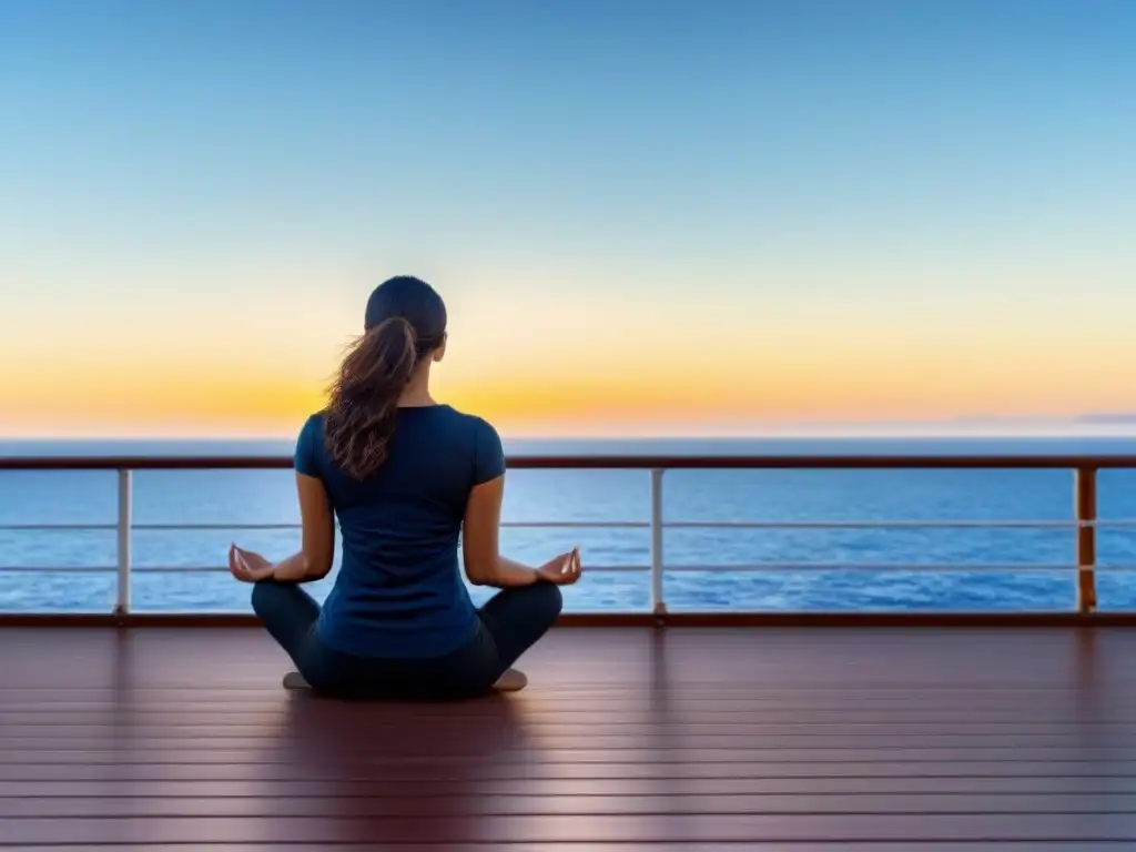 Silueta en meditación en crucero, disfrutando plenamente el momento presente en el mar y cielo azul