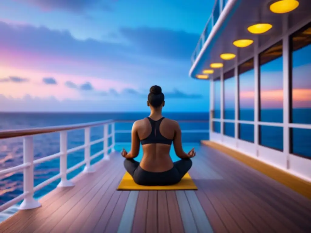 Silueta en meditación en crucero al amanecer, reflejos pastel del cielo y mar transmiten serenidad y calma