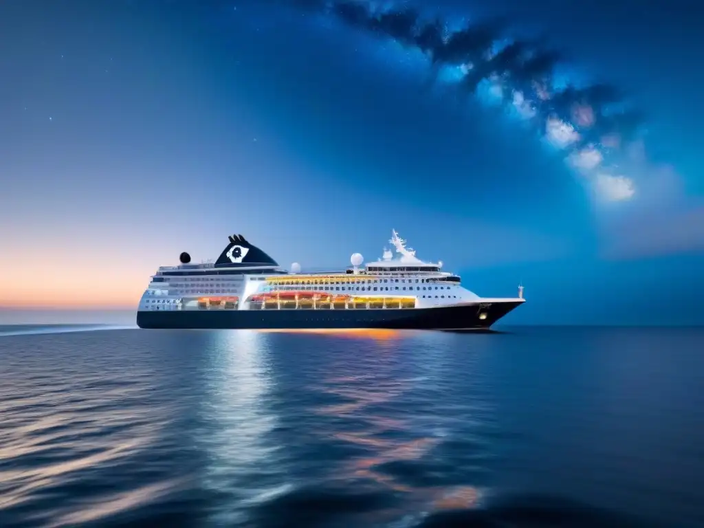 Silueta elegante de crucero moderno con equipamiento impermeable en noche estrellada y mar tranquilo