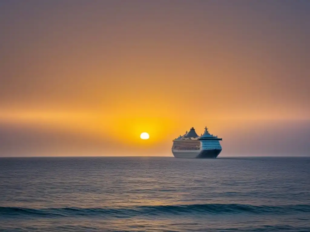 Silueta majestuosa de un barco en el horizonte, reflejando luz dorada sobre aguas tranquilas al amanecer