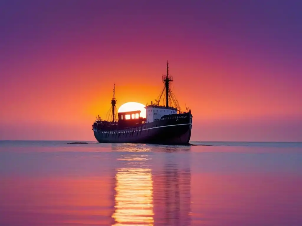 Silueta de un naufragio en vibrante atardecer, revelando historias de artefactos marítimos sumergidos