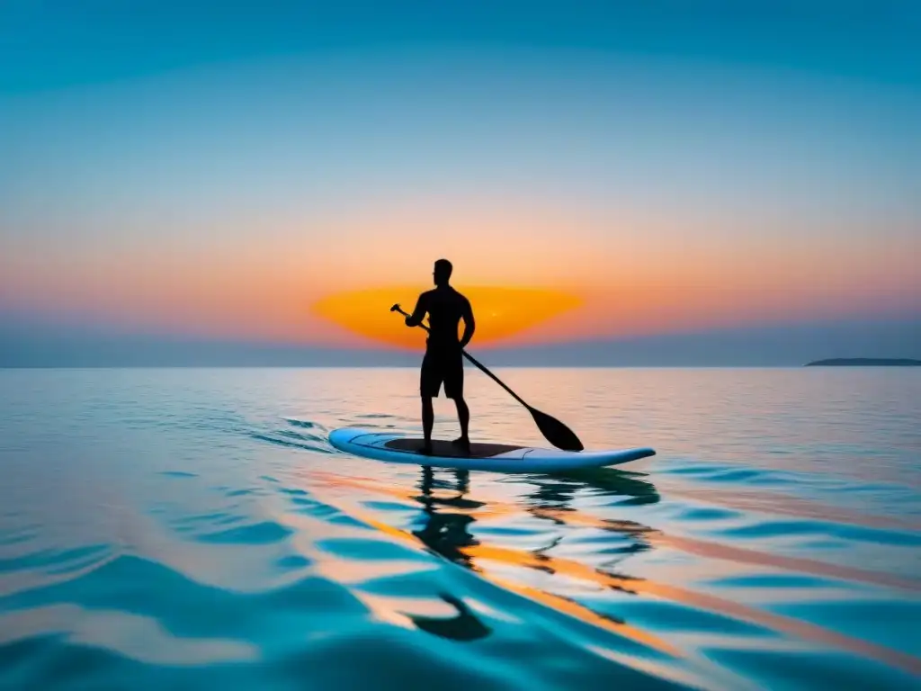 Silueta de paddleboard en aguas turquesas con crucero al atardecer