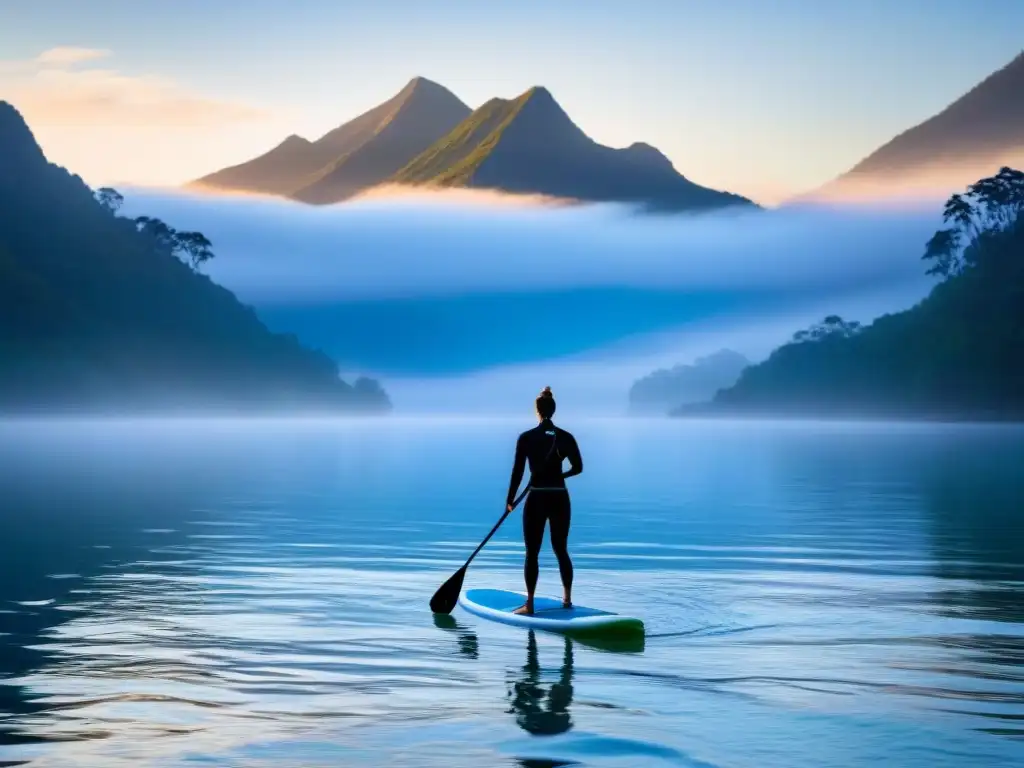 Silueta de persona en paddleboarding en lago al amanecer, rodeada de montañas y paz