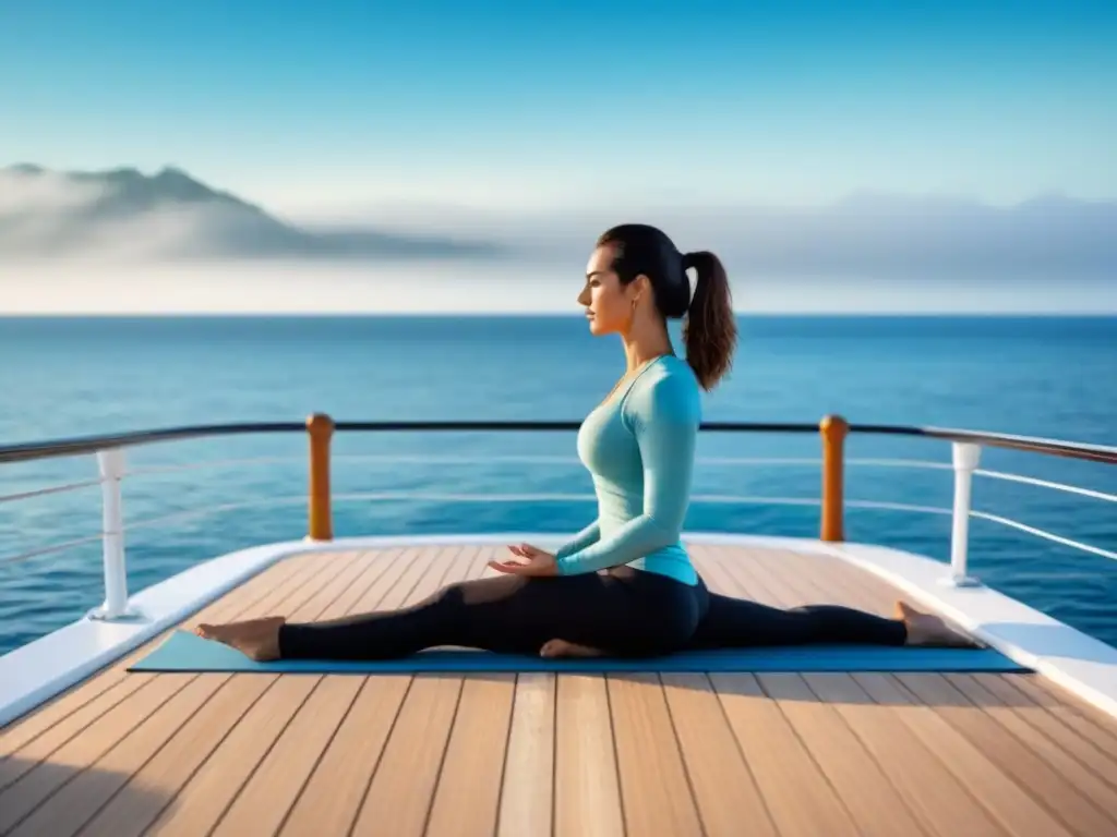 Silueta en pose de yoga en cubierta de un yate, armonizando con el mar y cielo azul