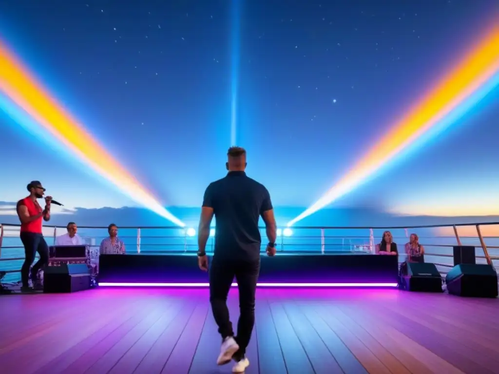 Siluetas bailando en un escenario vibrante de festival de música en cruceros, iluminado por luces coloridas bajo un cielo estrellado y el mar