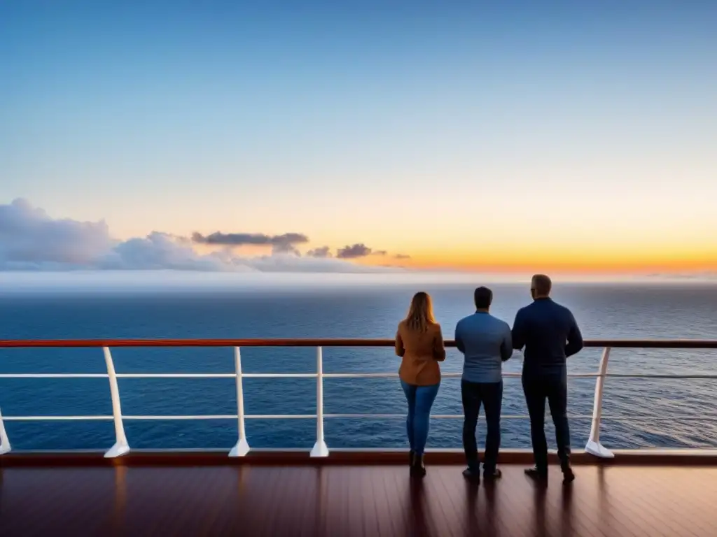 Siluetas de familia en crucero, contemplando el mar al atardecer