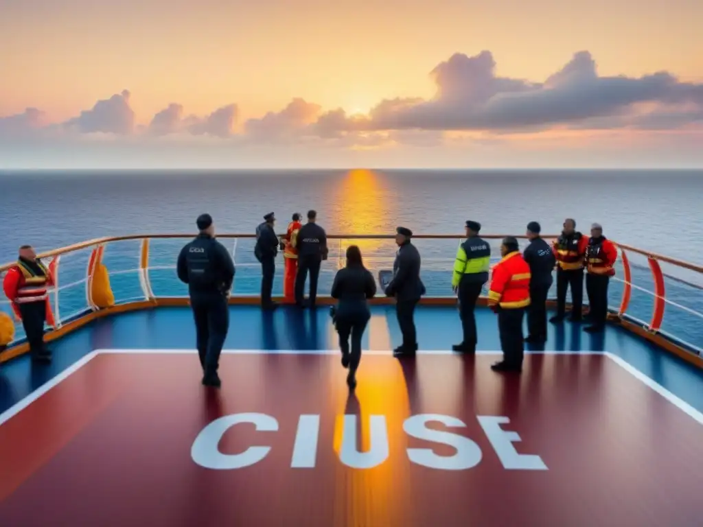 Simulaciones de evacuación en crucero al atardecer, pasajeros siguen medidas de seguridad