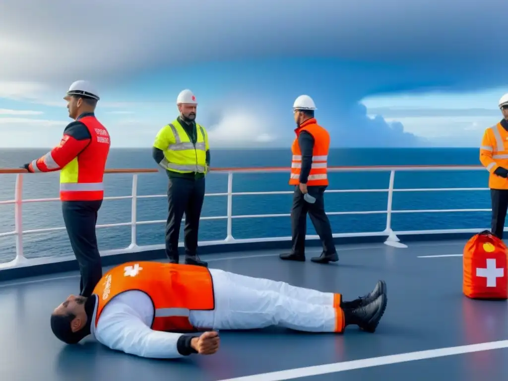 Un simulacro de emergencia en un crucero, con participantes practicando primeros auxilios en el mar