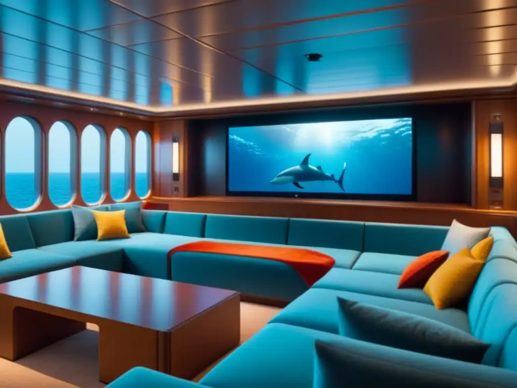 Sistema audiovisual de lujo en crucero: pantalla HD con escena submarina y altavoces premium integrados en el elegante salón de entretenimiento