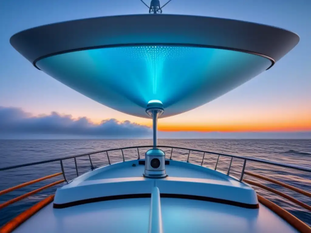 Sistema de navegación avanzado en barco, detectando obstáculos en el mar bajo un cielo vibrante al atardecer