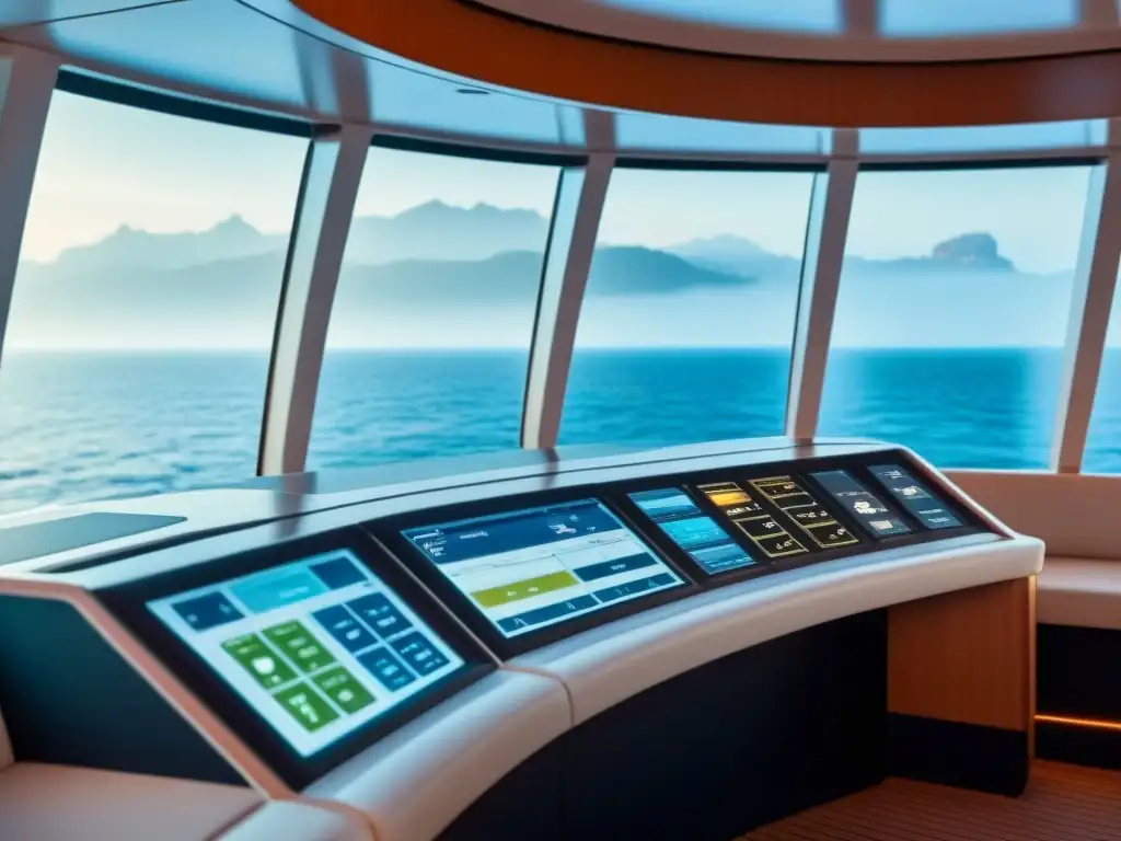 Sistemas de navegación en cruceros: consola futurista en un barco de lujo, con avanzada tecnología y vista al mar