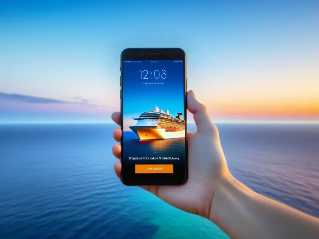 Un smartphone muestra una app de cruceros en un paisaje marino elegante