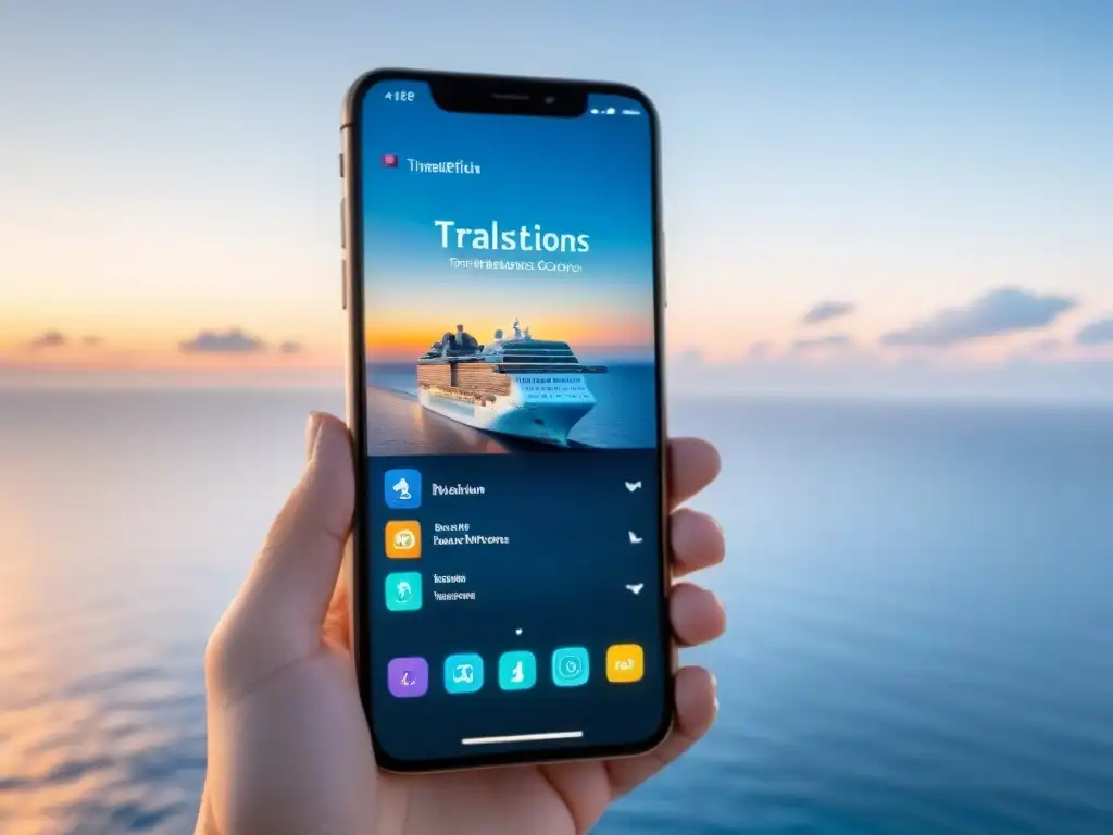 Un smartphone muestra apps de traducción para cruceros frente a un crucero moderno en un atardecer sereno