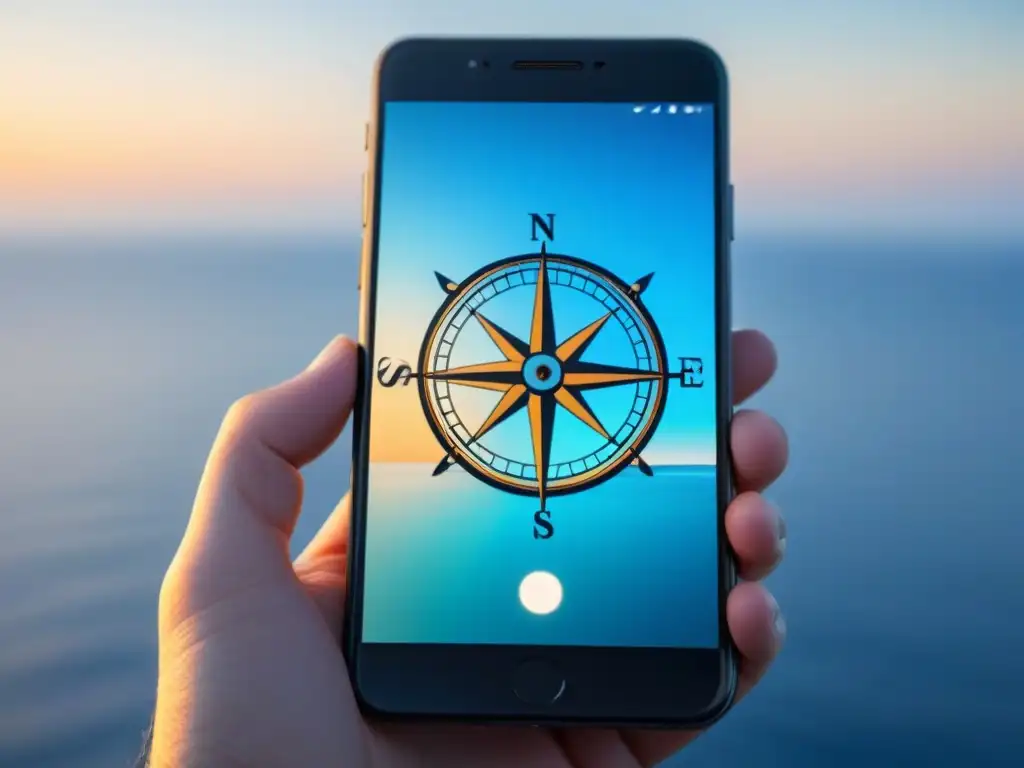 Un smartphone elegante con temática náutica muestra Apps de entretenimiento para un crucero marítimo