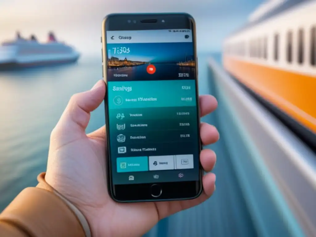 Un smartphone elegante muestra las mejores apps para planificar cruceros, con funciones vibrantes y organizadas en una imagen minimalista y detallada