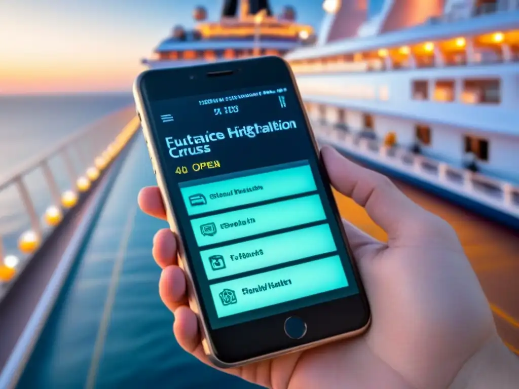 Un smartphone futurista muestra un app de traducción en un crucero de alta tecnología