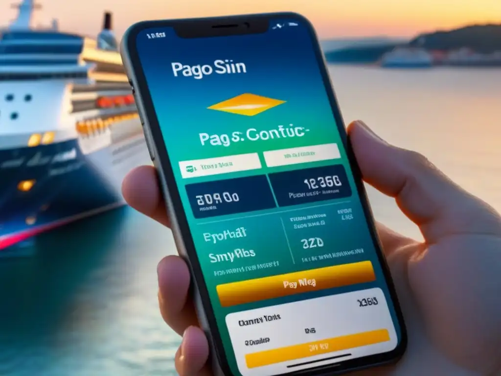 Un smartphone moderno reflejando la cubierta de un crucero en su pantalla, con la transacción 'Pago sin contacto en cruceros'