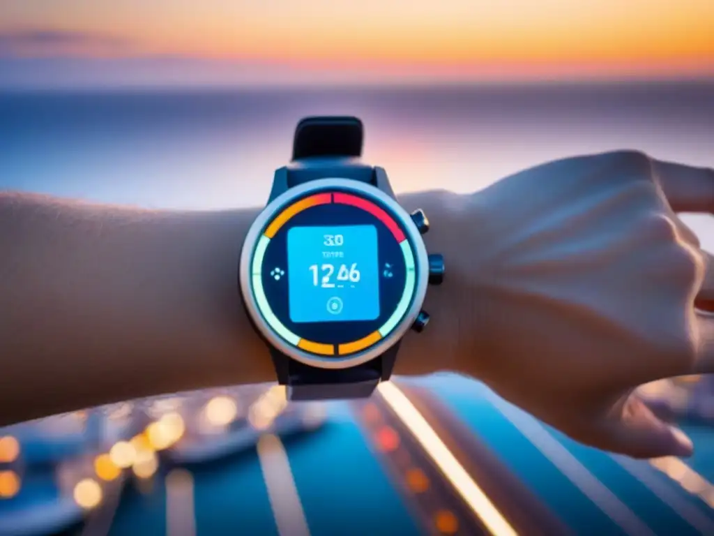 Un smartwatch elegante en un lujoso crucero con vista al mar, mostrando brújula digital y clima