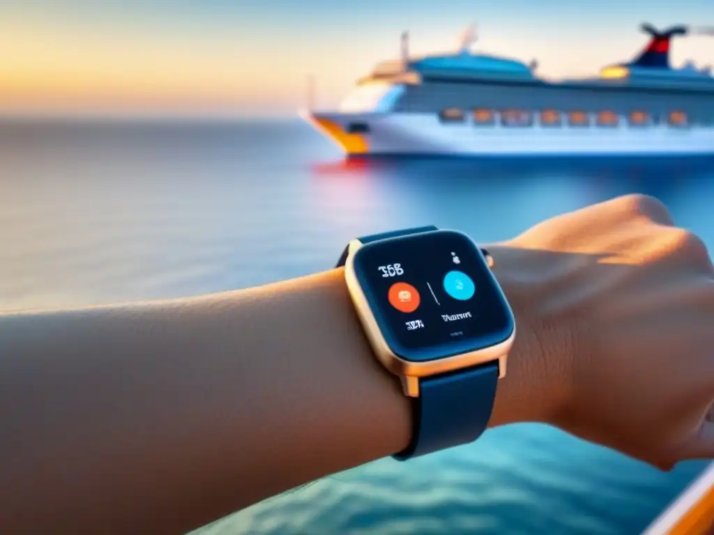 Un smartwatch elegante realiza un pago sin contacto en un lujoso crucero, simbolizando formas de pago turismo marítimo