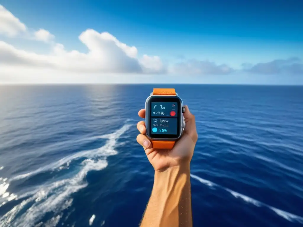 Un smartwatch futurista e integrado en la muñeca de un marinero profesional navegando en un barco de alta tecnología en el mar