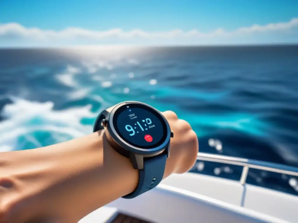 Un smartwatch impermeable de alta tecnología en un lujoso yate, con olas y cielo azul