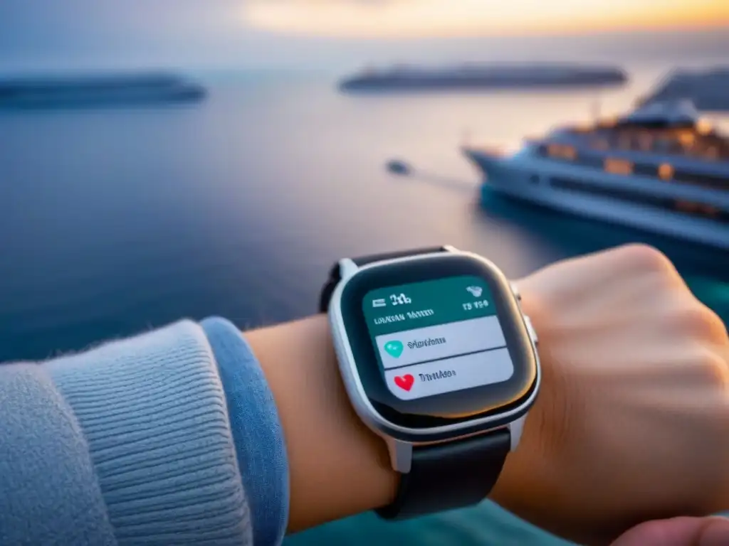 Smartwatch de lujo para cruceros: itinerario y clima en alta mar Un smartwatch de lujo con GPS y monitor de ritmo cardíaco, mostrando una app de itinerario de crucero, sobre superficie blanca