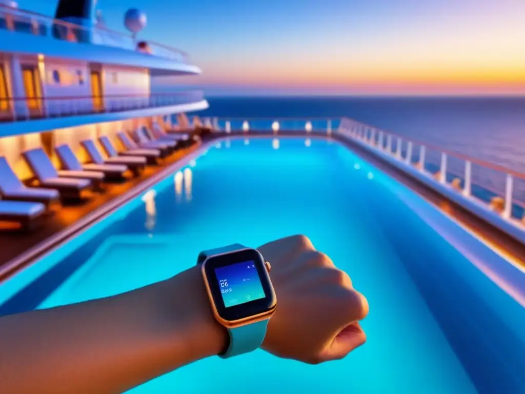 Un smartwatch minimalista reposa en el borde de una lujosa piscina de crucero, reflejando los colores vibrantes del atardecer