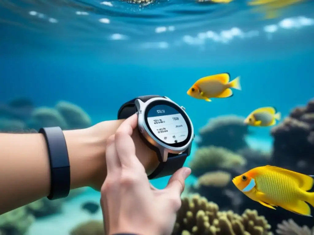 Un smartwatch moderno en un escenario submarino con tecnología y naturaleza, ideal para wearables impermeables turismo marítimo