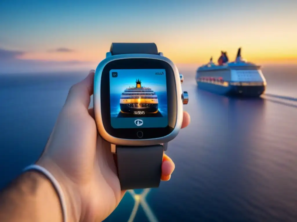 Un smartwatch moderno muestra opciones de pago en una interfaz futurista con un crucero de fondo