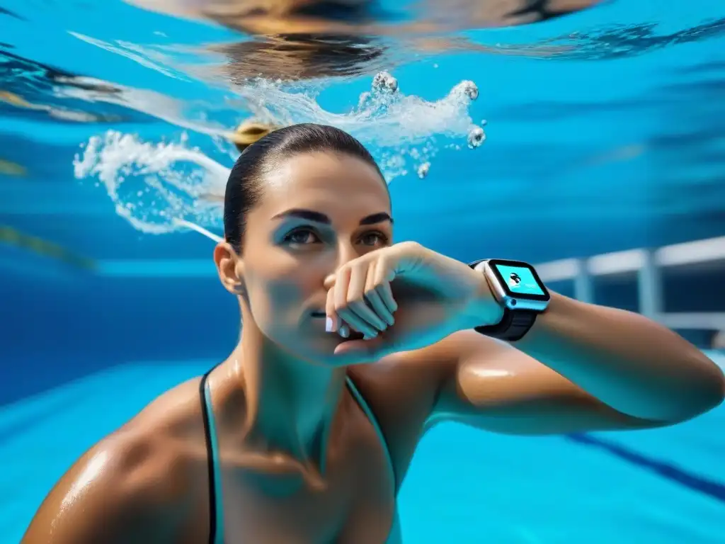 Un smartwatch resistente al agua muestra datos de natación en una piscina cristalina, fusionando tecnología wearable y deportes acuáticos