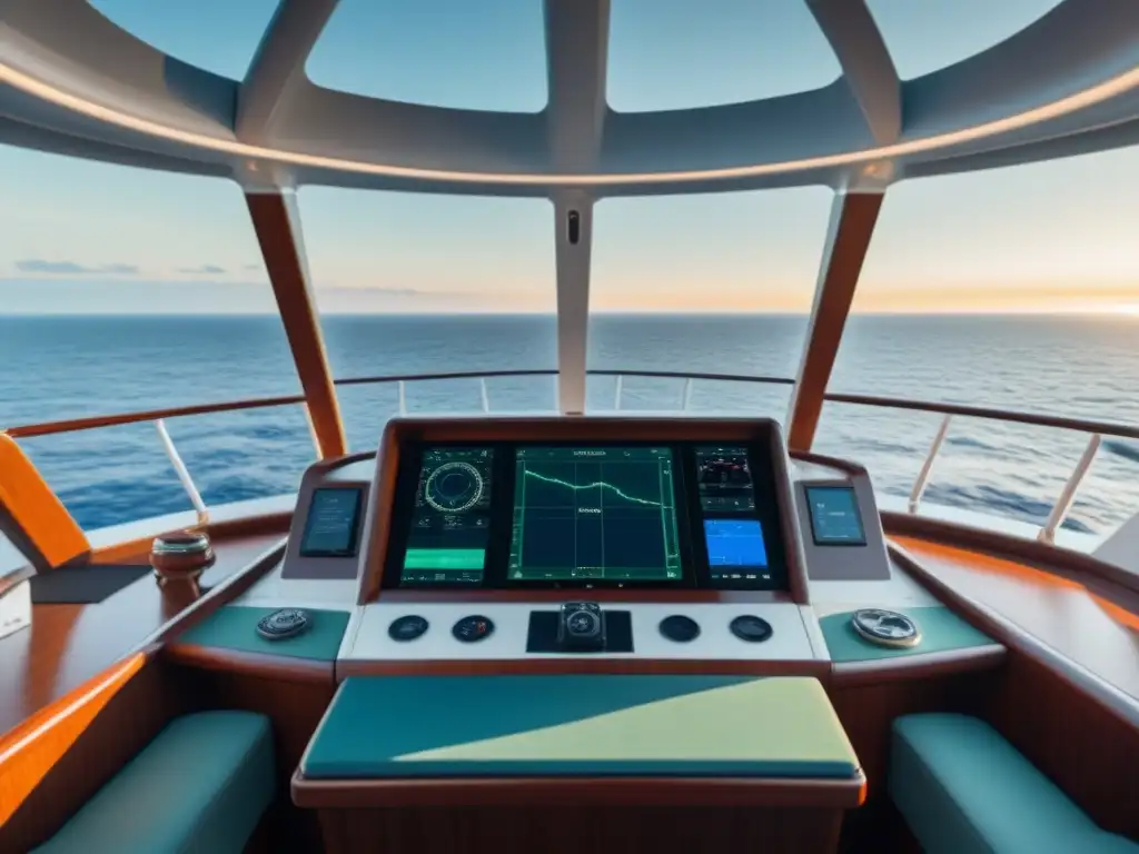 Un sofisticado panel de navegación en un puente de barco, con vista al mar tranquilo al atardecer