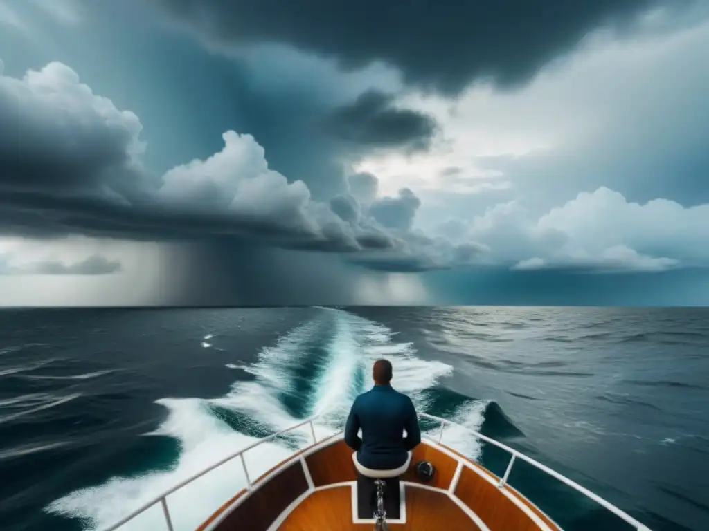 Sailor afrontando soledad alta mar en velero solitario con tormenta a lo lejos