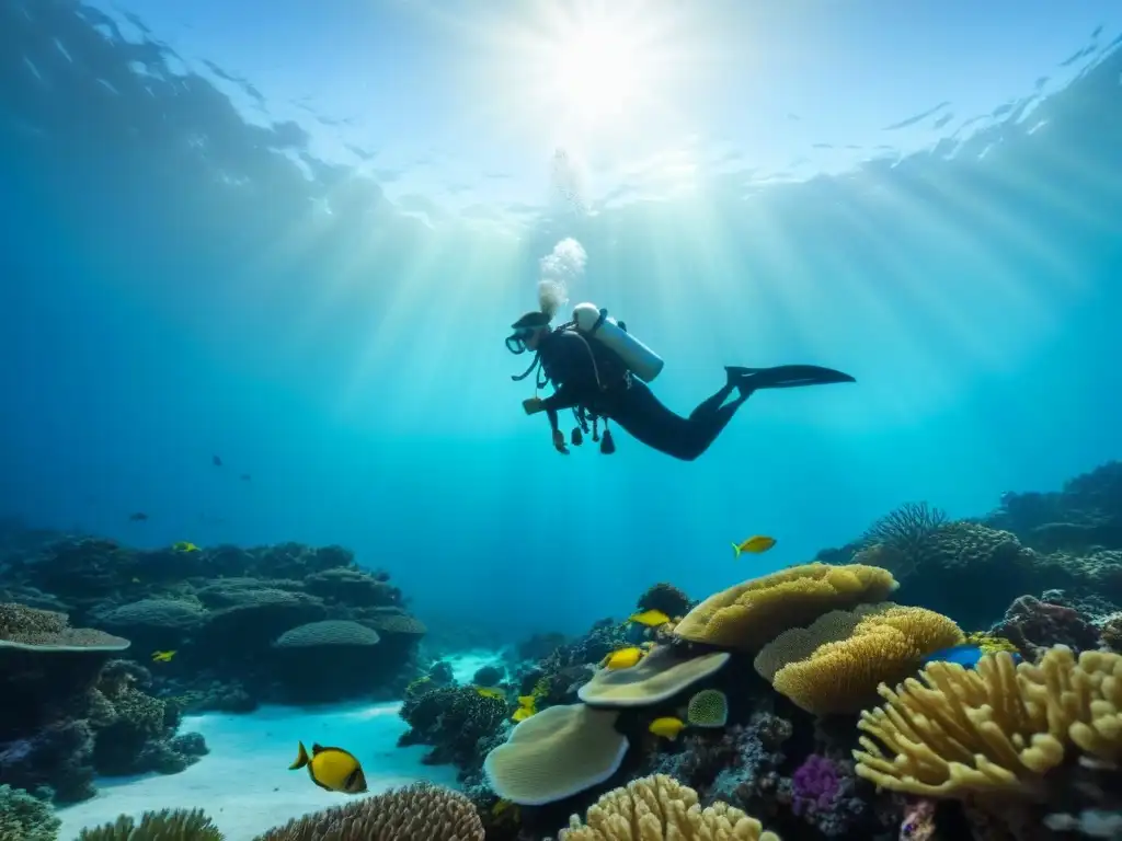 Exploración solitaria en arrecife de coral con peces coloridos y luz solar