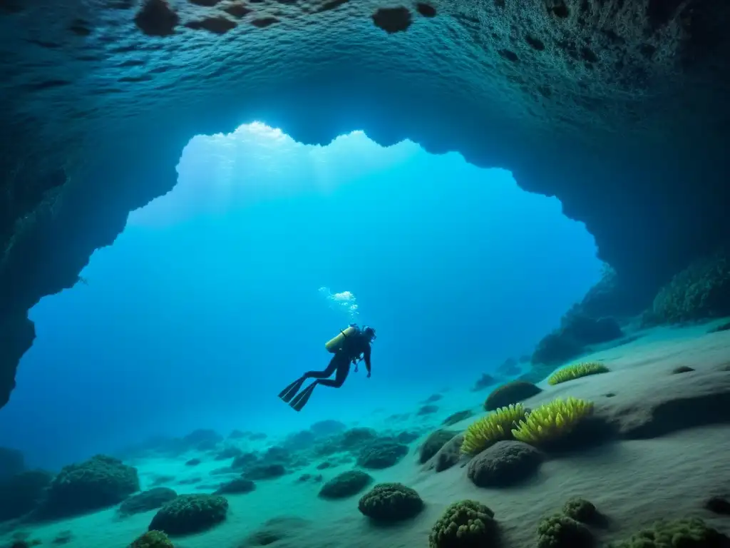 Exploración solitaria en cueva submarina oscura iluminada por organismos bioluminiscentes