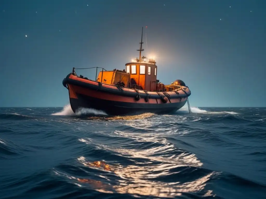 Solitaria balsa en el vasto océano, rodeada de restos del Titanic bajo un cielo estrellado