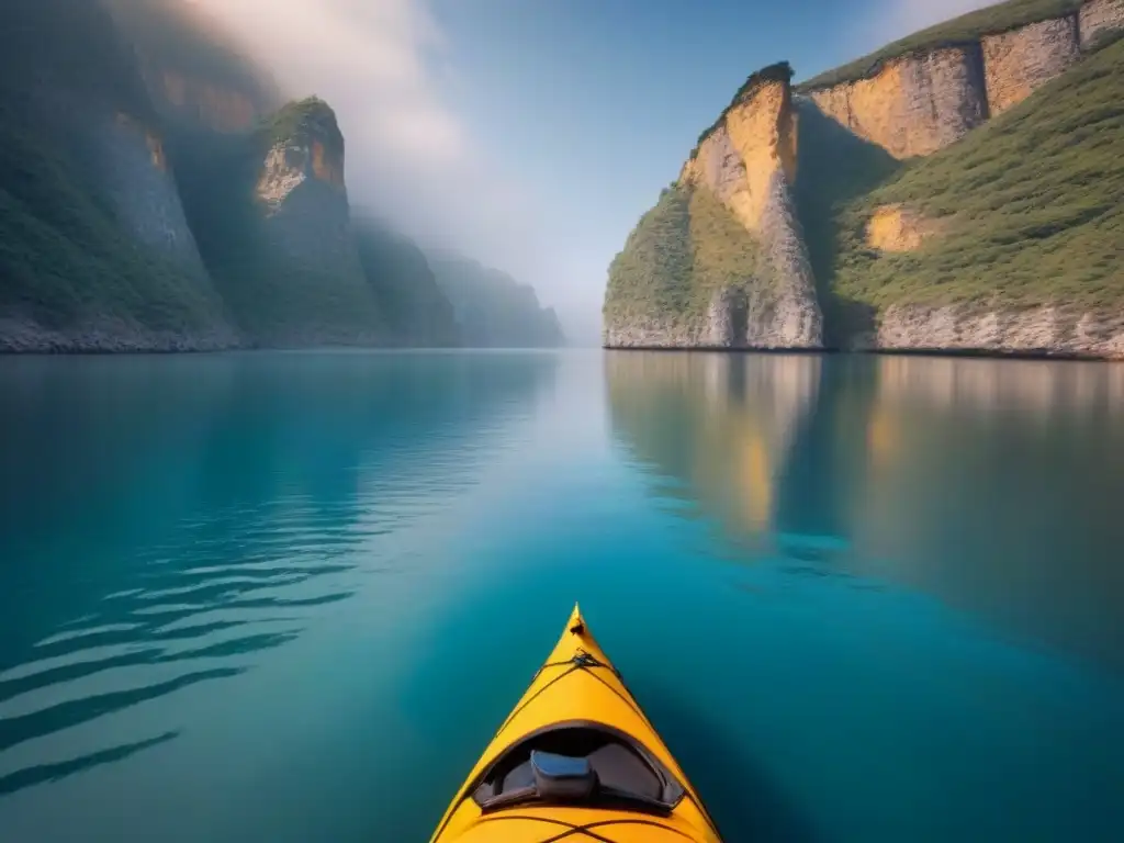 Kayak solitario en aguas serenas rodeado de acantilados