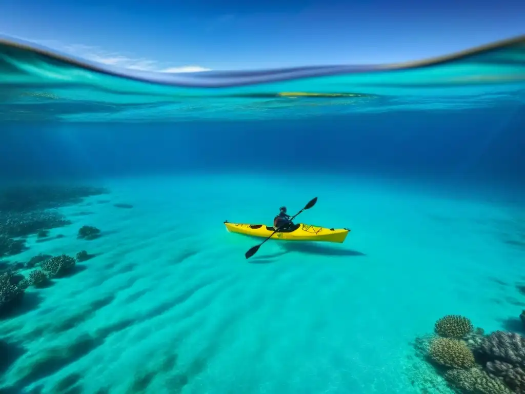 Kayak solitario en aguas turquesa, coral vibrante bajo el sol