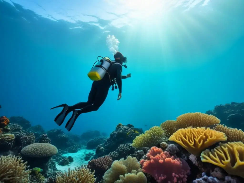 Exploración en solitario de un arrecife de coral vibrante, rodeado de peces coloridos y agua cristalina