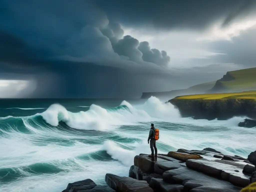 Un solitario fotógrafo en un acantilado rocoso, capturando la belleza de la tormenta marítima