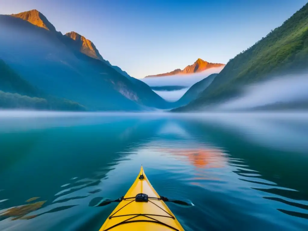 Kayak solitario en lago al amanecer, rodeado de montañas neblinosas