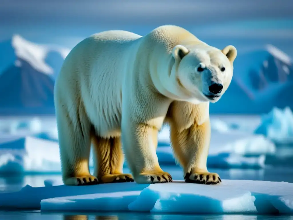 Un solitario oso polar en el Polo Norte, reflejando la belleza frágil del Ártico