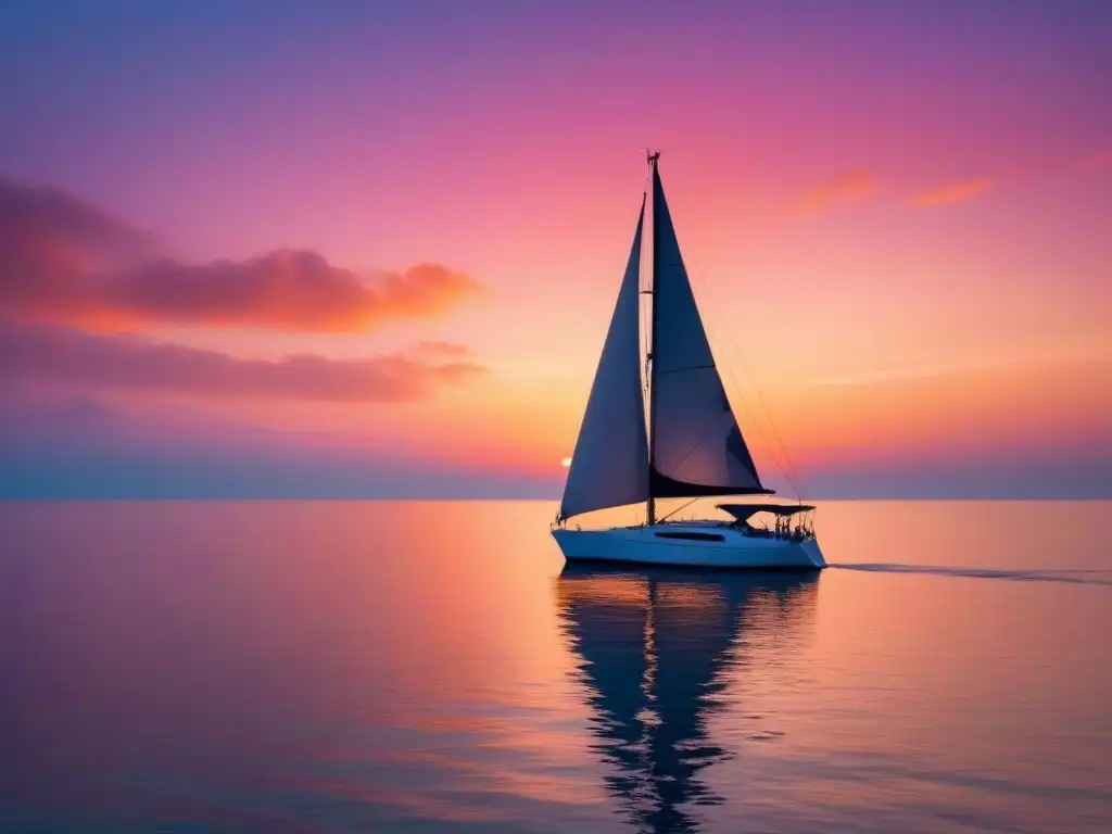 Un solitario velero flota en aguas tranquilas al atardecer, con un cielo anaranjado y rosado reflejándose en el mar, y la silueta de una isla en el horizonte