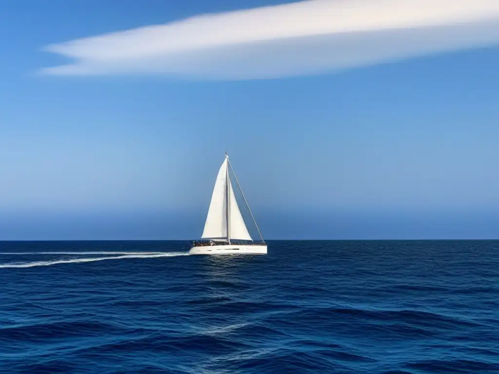 Un solitario velero surca con gracia el mar tranquilo bajo el sol, evocando serenidad y libertad